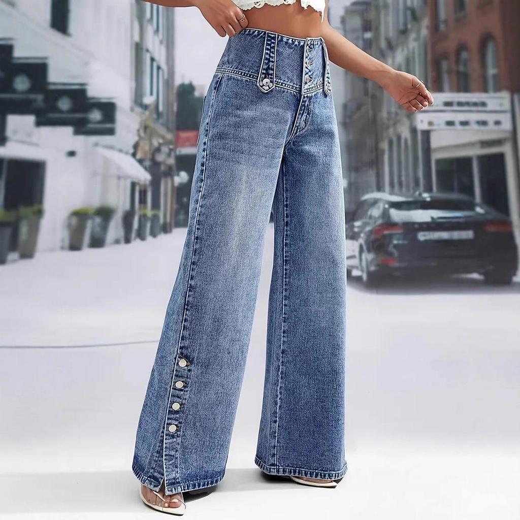 2026 Spring/Summer High-Waisted Retro Wide-Leg Denim Jeans with Multi-Buttons for Women