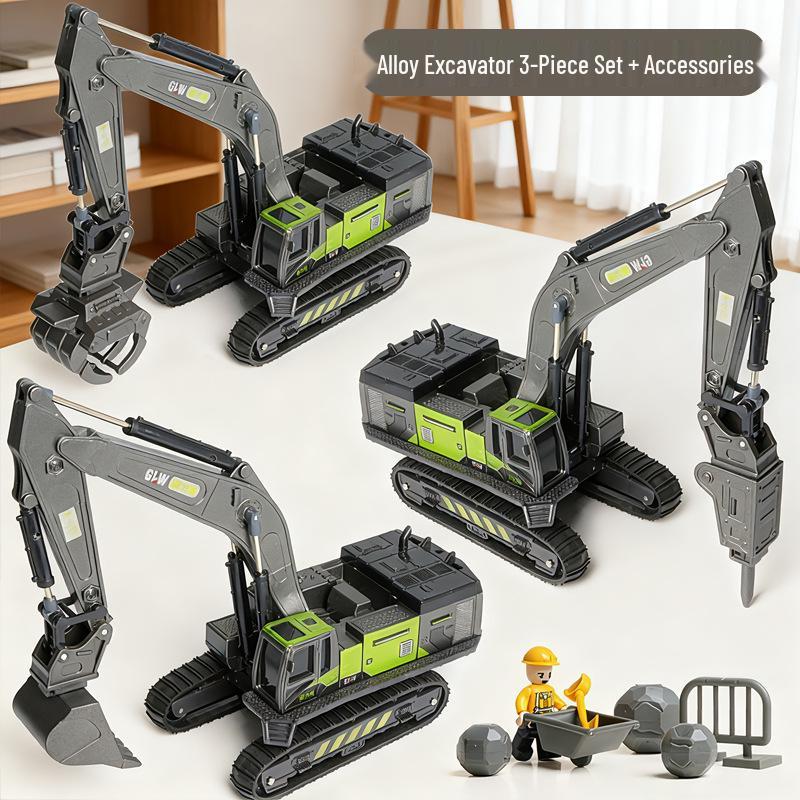Kids' Alloy Engineering Vehicle Set: Excavator, Digger, Crane, and Earthmover Toy Models