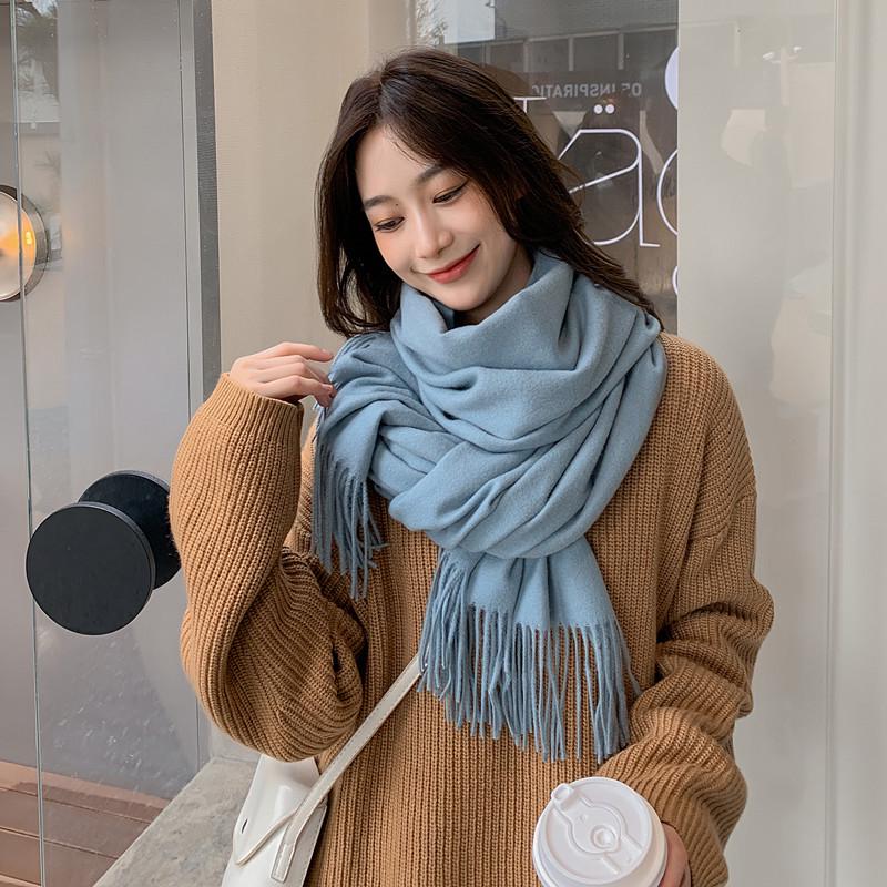 Women's and Men's Thick Warm Cashmere-Like Scarf - Autumn Winter Korean Style with Tassels, Solid Color