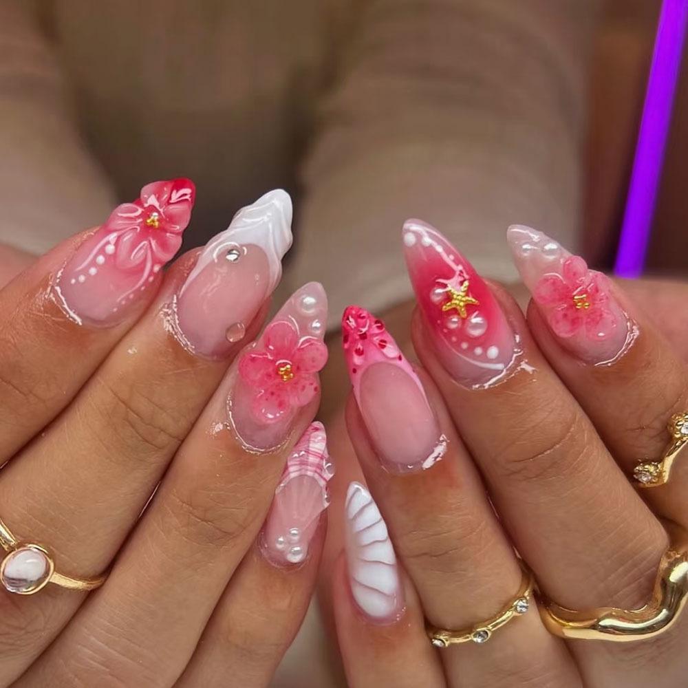 

3D Stereo Epoxy Wearable Nails with Sweet Style Pearl Shell Art Tips