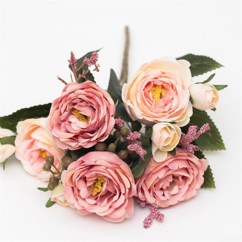 5-Petal Autumn-Colored Peony Artificial Flower Bride Bouquet Wedding Living Room Table Decoration For Vase Home Diy Fake Plants