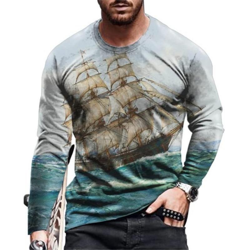 Vintage Men's Long Sleeve T Shirt 3D Navigation Sailing Ship Print Shirt Graphic T Shirt Clothing Sleeve Tops Men Streetwear