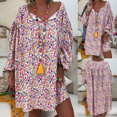 Women Boho Tunic Mini Dress Summer Casual Deep V-Neck Floral Printed Flare Long Sleeve Loose Beach Short Dresses