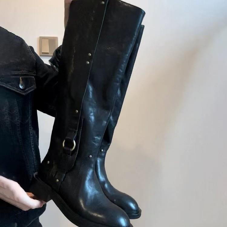 Cowhide version~ Heroic but knee high boots women's knight boots round head thick heel 2025 autumn and winter Martin boots