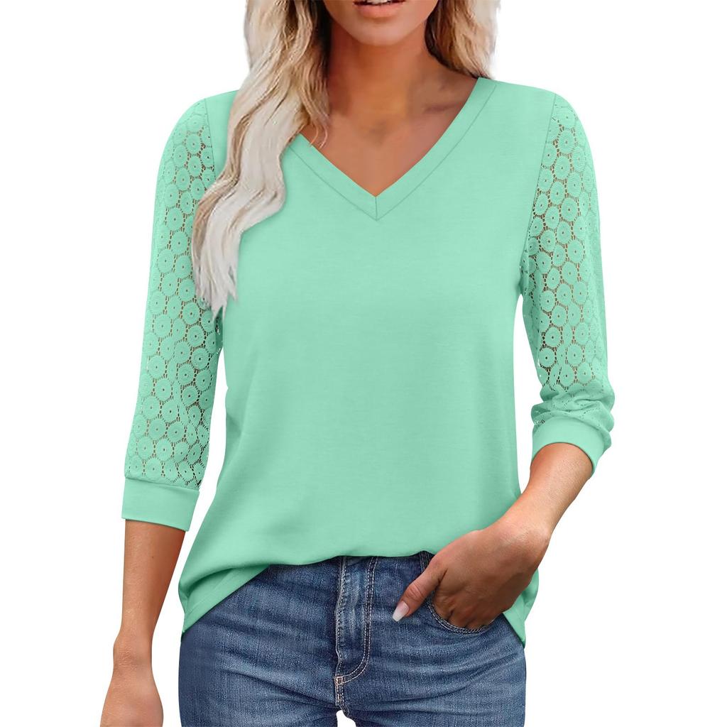Women's Seven Quarter Sleeved V-Neck Color Lace Patchwork Casual Top Casual Top