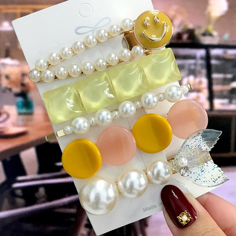 5Pcs/Set Fashion Smiley Pearl Hair Clip For Women Girl Geometric Acetate Barrettes Hairpin Headwear Hair Accessories  Trendy