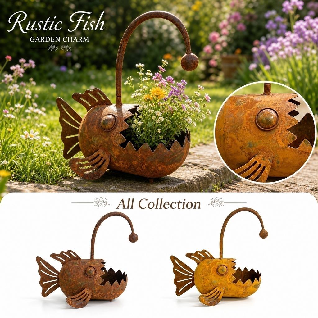Gartendeko Außen Metalllaterne Fisch Pflanzgefäß Handgefertigte Rost-Optik Skulptur für Terrasse Hof Weg Balkon