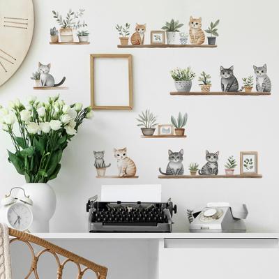 Étagères Combinaison Animaux Dessins Animés Plantes Vertes Plantes en Pot Chambre Salon Maison Fond Embellissement Autocollants Muraux