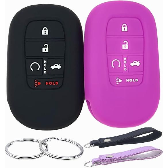 Silicone Rubber Key Fob Cover Compatible with (5 Buttons) -2025 Honda Accord Civic HR-V CR-V Pilot Sport SI EX EX-L Touring (Black Pink)