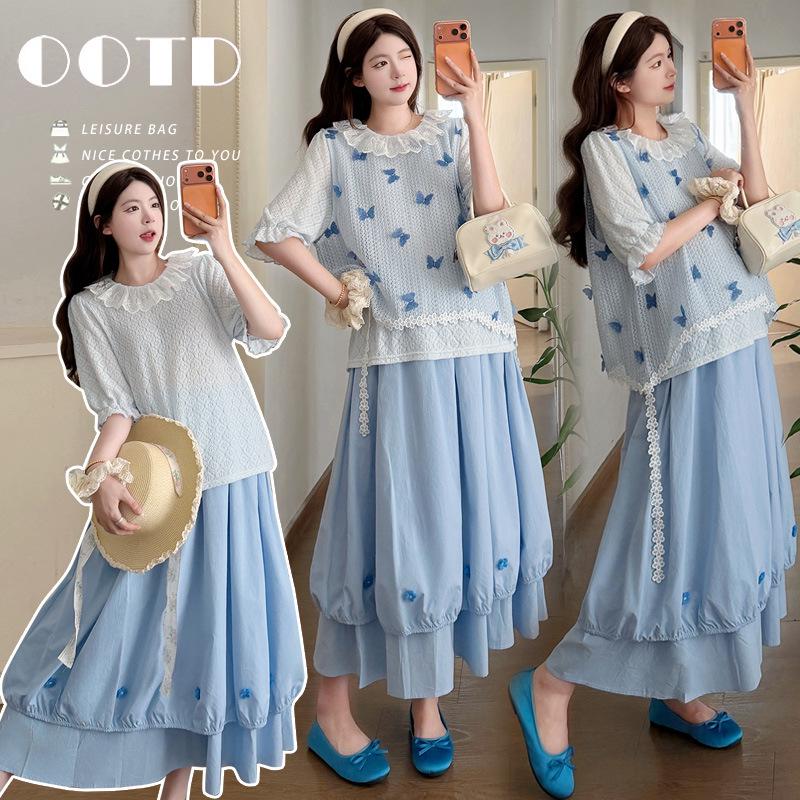 Summer 2026 French Lace Collar Top + 3D Butterfly Vest + Skirt Maternity Three-Piece Set 2XL