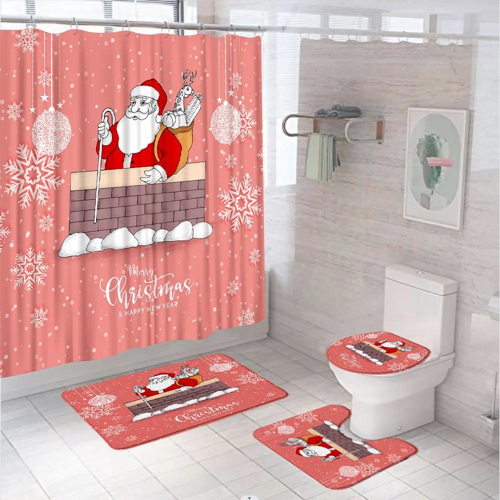Weihnachts-Nikolaus Duschvorhang-Set Mit Teppich Toilettensitzbezug Badvorleger Weihnachtsbaum Schneeflocken-Szenerie Bauernhaus Wannen Vorhänge