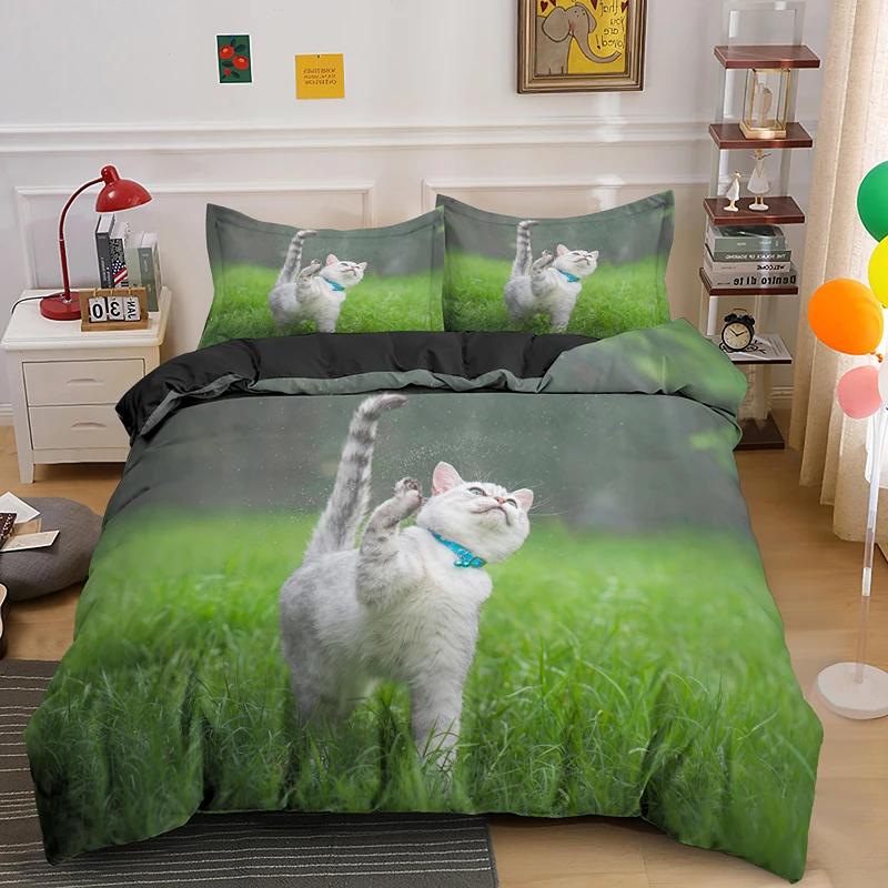 Super Cute Kitten Kids Bedding Set Kawaii Girl Quilt Cove King Queen Size Cute Cat Animal 3pcs Polyester Duvet Cover (No Sheet)