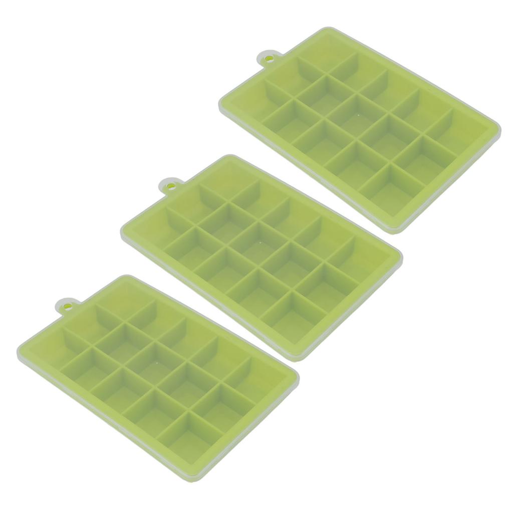 3pcs Ice Cubes Mould Silicone Stackable Dishwasher Safe 15 Grids Ice Tray with Removable Lid for Home Bar Green