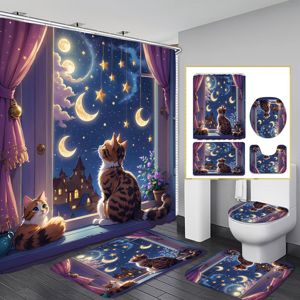 Christmas Shower Curtain Four-Piece Non-Punching Partition Curtain Digital Printing Bathroom Decoration Curtain