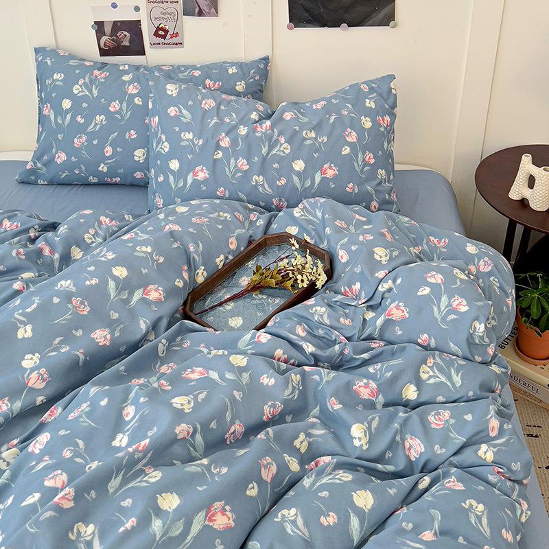 Vierteiliges Bettwäsche-Set, hautfreundlich, atmungsaktiv und bequem, Pastoralstil, Bettlaken, Bettbezug, Kissenbezug-Set