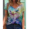 Summer Flower T-Shirts Floral 3D Print Women V-Neck Short Sleeve T Shirt Y2k Harajuku Oversized Tees Tops Female Street Clothing