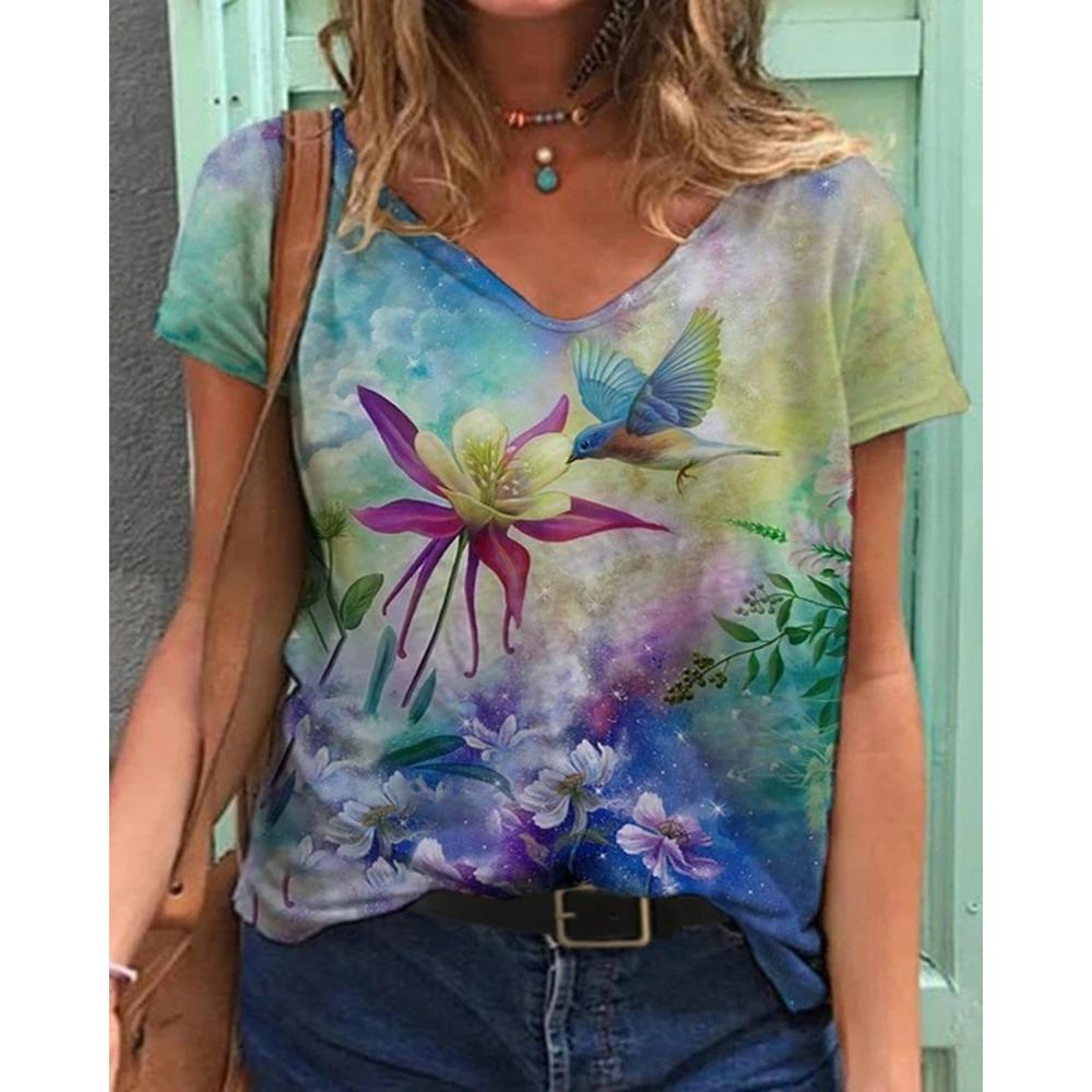 Summer Flower T-Shirts Floral 3D Print Women V-Neck Short Sleeve T Shirt Y2k Harajuku Oversized Tees Tops Female Street Clothing