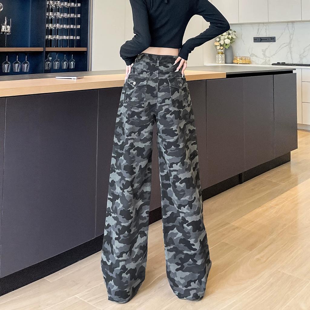 Women's High Waist Wide Leg Camo Jeans Loose Straight Denim Pants Vintage American Camouflage Slimming Casual Spring Trousers