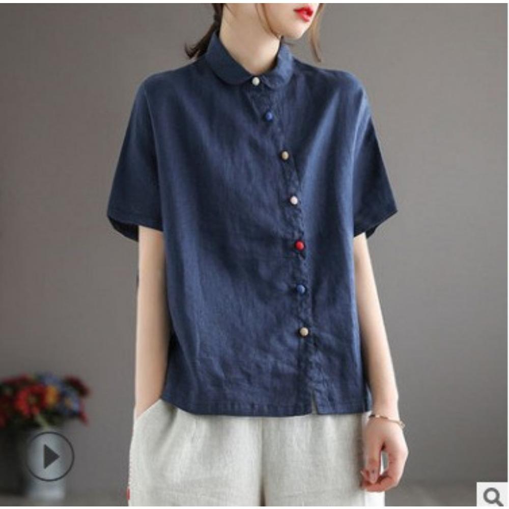 

Новинка осени, рубашка на пуговицах с диагональной планкой, льняной трехцветный по желанию, повседневный свободный топ в стиле ретро с короткими рукавами для женщин XXL