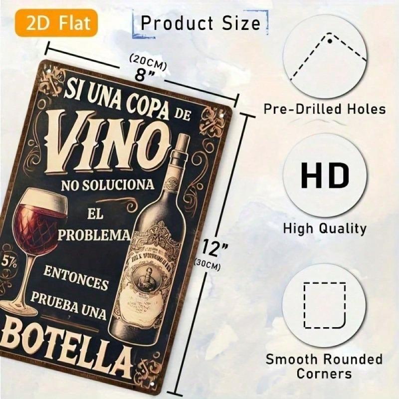 VINVANA Retro Metal Wall Art Decor, Spanish Quote Sign with Wine Bottle Design for Home Kitchen Bar, Restaurant Cafe Flat Iron 2