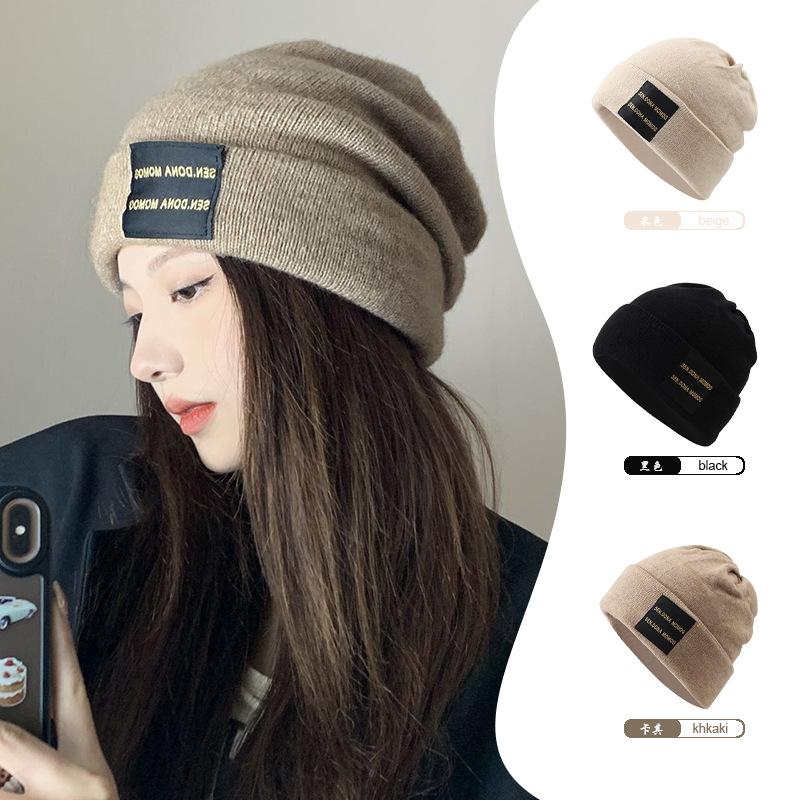 

Black hat women s woolen beanie hat cold hat big head wrap hat Knit hat Winter warm band label pile hat