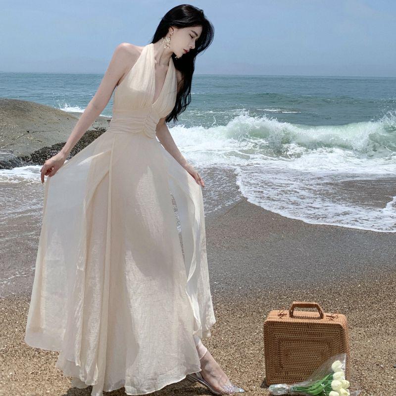 French Goddess Style Backless Halter Dress – Summer Beach Fairy Long Skirt