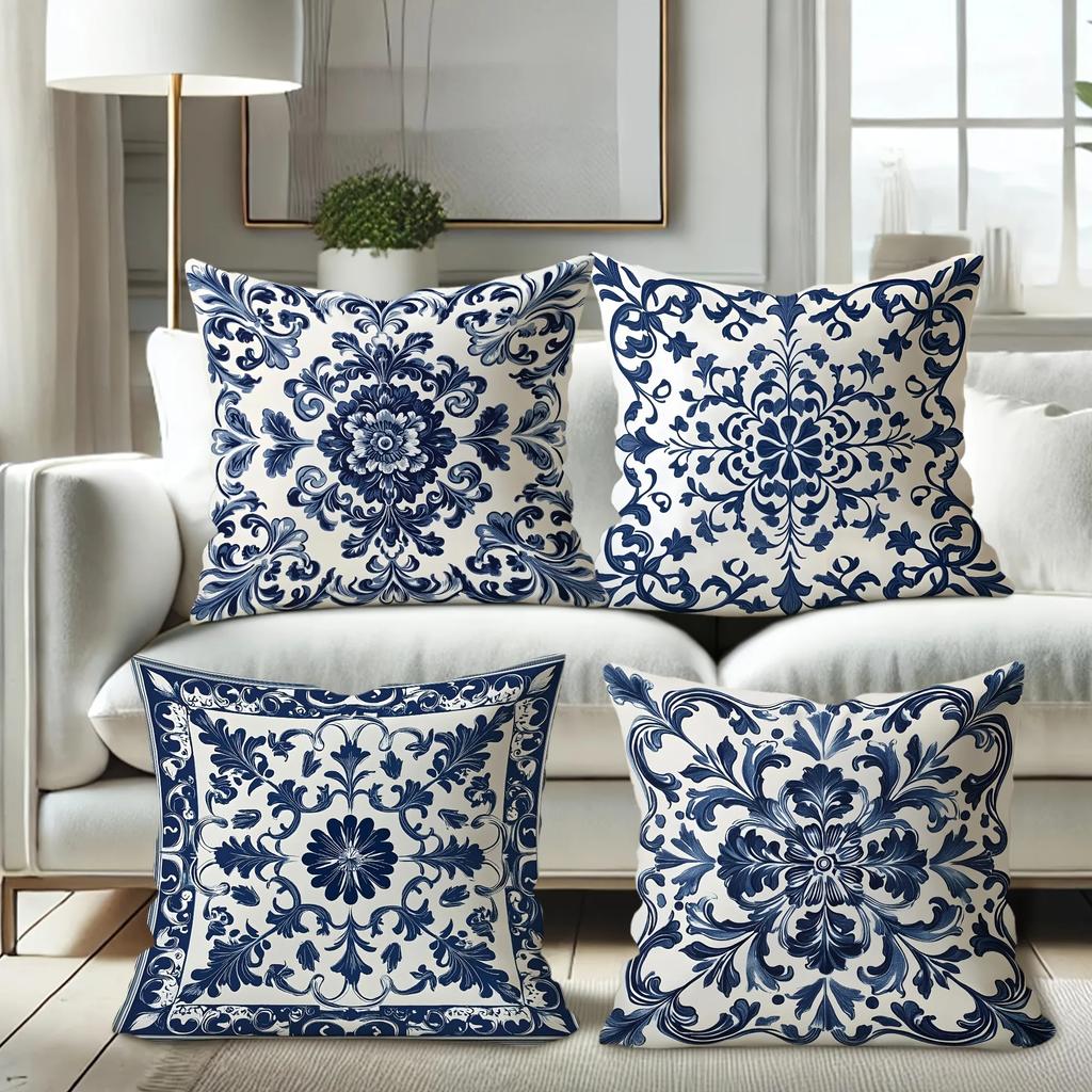 4er-Set Böhmische Blau-Weiße Blumige KissenbezügeGeeignet für Sofa Auto Schlafzimmer Dekorative Kissenhülle Kissenbezug