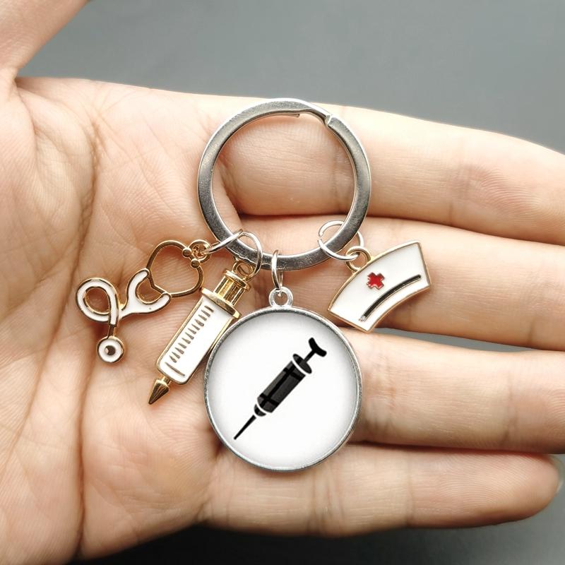 Paint Fashion Creative Nurse Medical Syringe Stethoscope Image Keychain Glass Suitable Nurses and Doctors Key Ring Pendant Gift