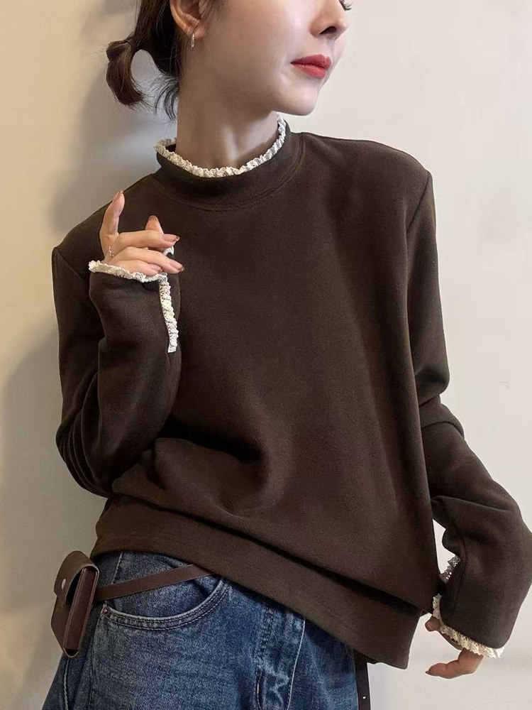 

Женская футболка с длинным рукавом из европейского вельвета и кружева, пэчворк - Новинка Осени/Зимы 2025, облегающий повседневный базовый топ L кофейный