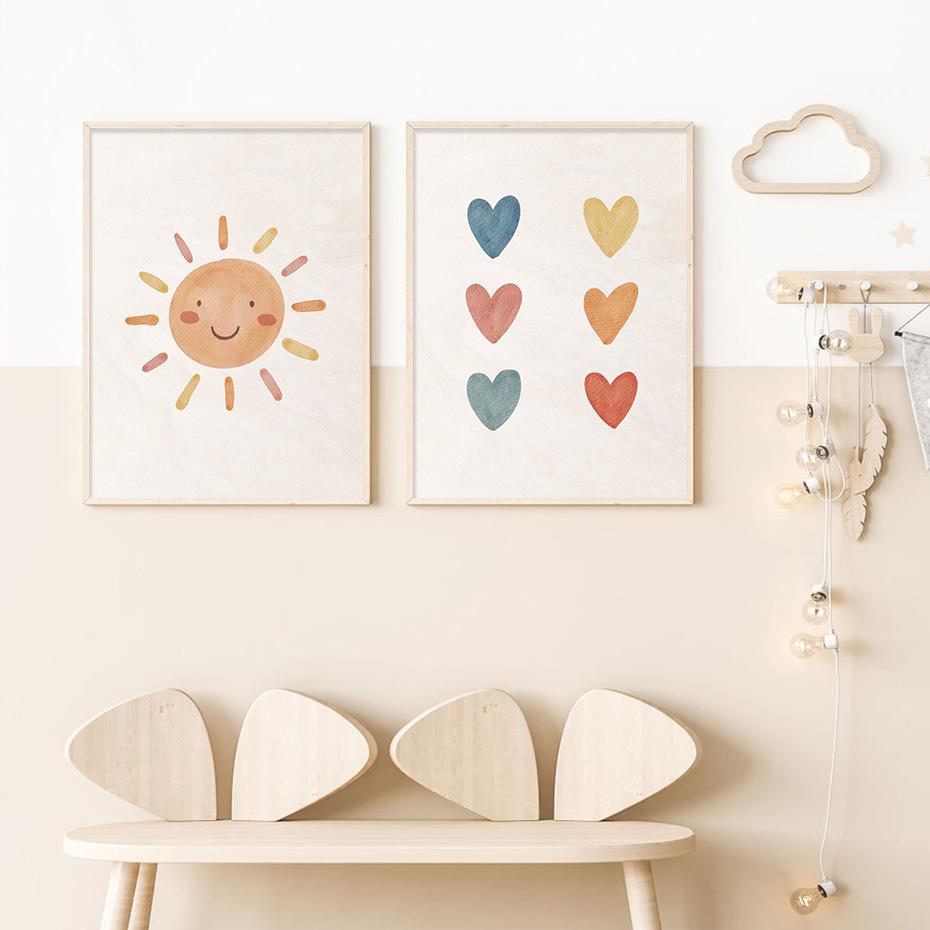 Boho Aquarell Süße Regenbogen Herzen Sonnenschein Kindergarten Poster Drucke Leinwand Malerei Wand Kunst Bilder Baby Zimmer Home Decor