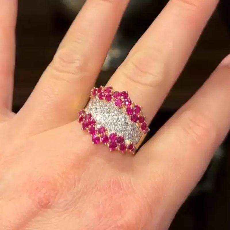 Huitan Aesthetic Design Women Two Tone Ring for Wedding Trendy Charming Accessories Anniversary Jewelry Gift with Red/White CZ