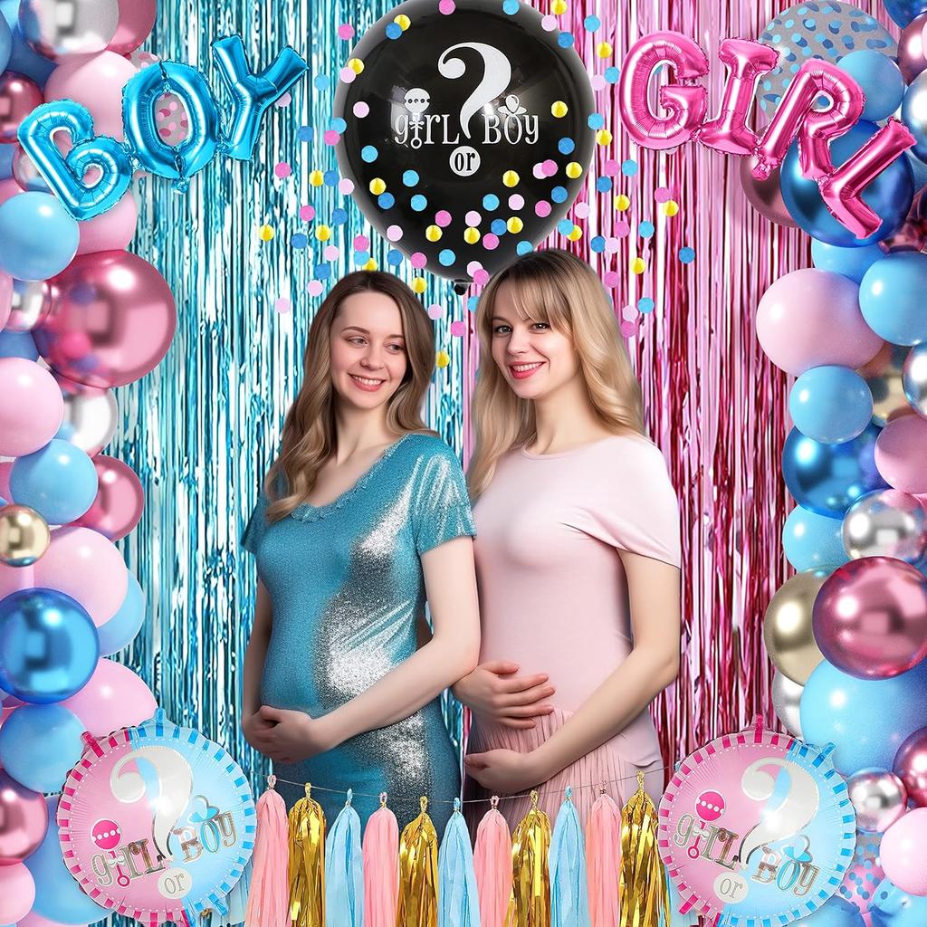 109Pcs Gender Reveal Decorations Boy or Girl Gender Reveal Party Supplies Including Balloons Tablecloths Backdrop Cake Toppers Fringe Curtains Tissue
