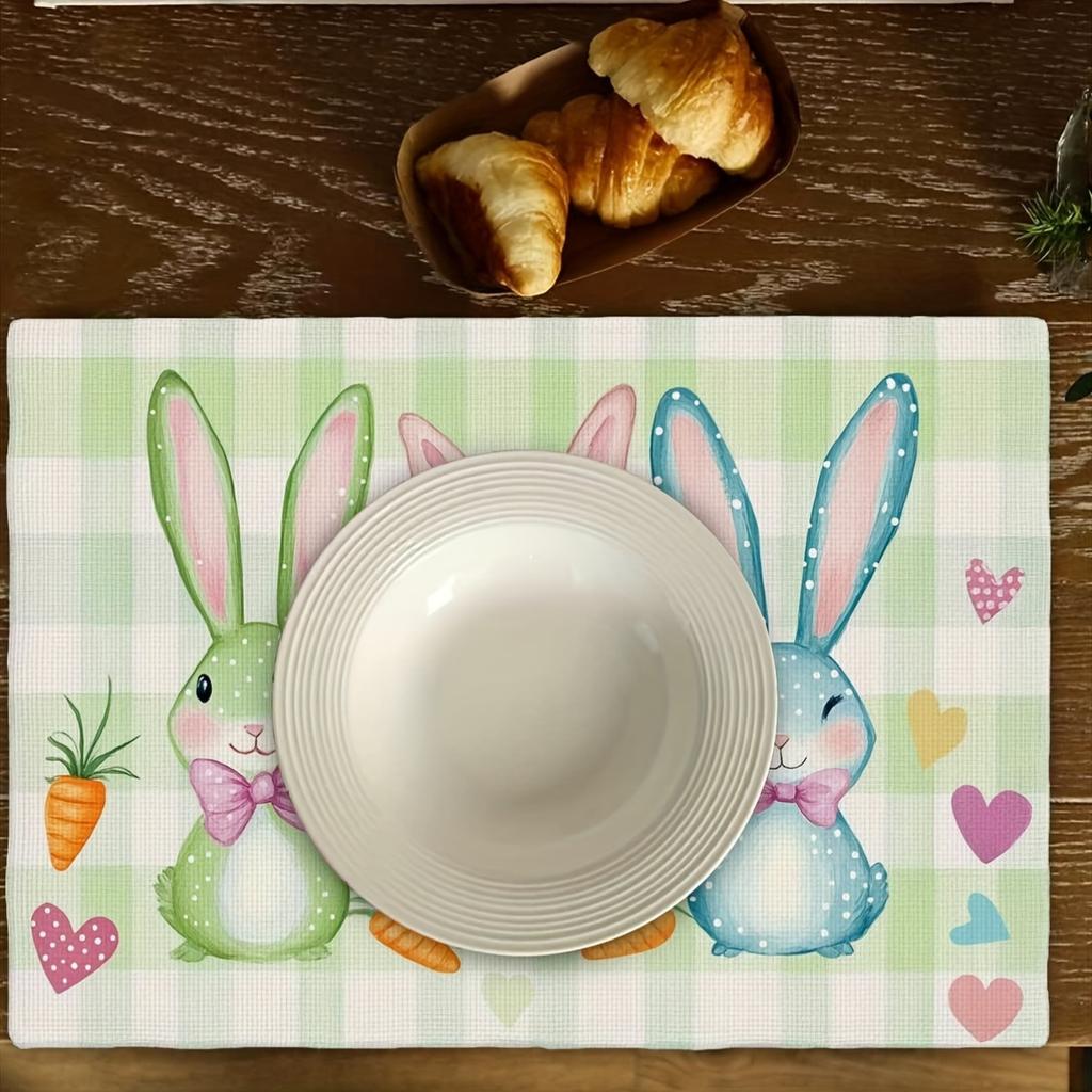 Adorable Bunny and Heart Pattern Placemats, 4pcs Set, Rectangular Placemats for Dining Table, Kitchen Table Mats, (12"x18") Suitable for Home Kitchen