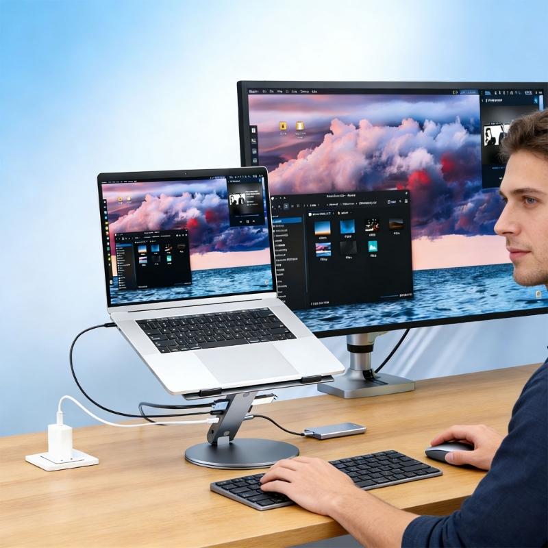 Regulowany aluminiowy stojak na laptopa z dołączonym połączeniem USB typu C oferujący szybkie ładowanie 100 W i szybki transfer danych USB
