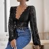 Mono de Encaje Top de Manga Larga Sexy Cuello en V Transparente Body de Mujer