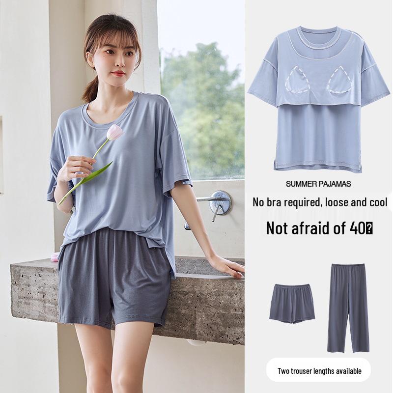 Women's Summer Three-Piece Modal Pajama Set with Bra Pads - Short Sleeve Top, Shorts, and Long Pants for Indoor/Outdoor Wear