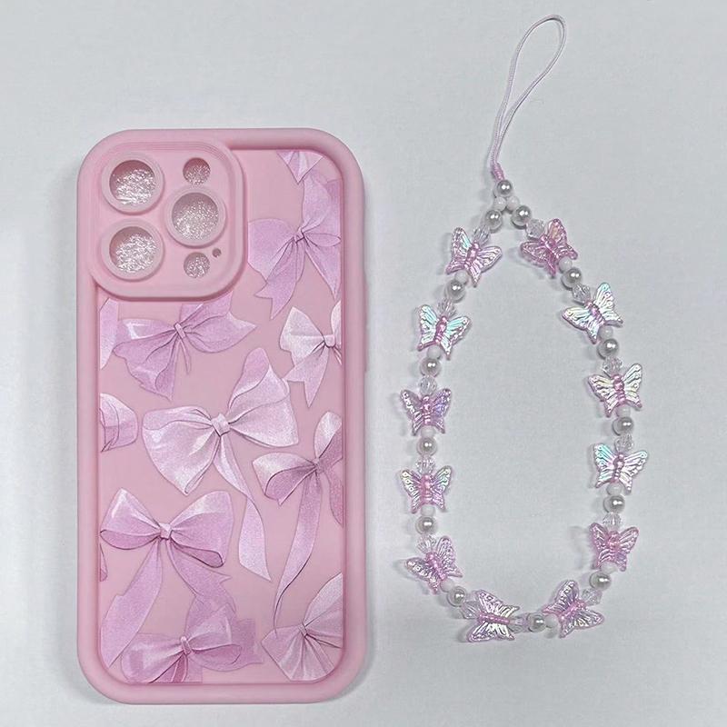 Pink Bow Pattern Silicone Phone Case For iPhone 16 17 Pro Max 15 14 13 12 11 Pro Max 16E X XS XR 7 8 Plus Butterfly Charm Cover