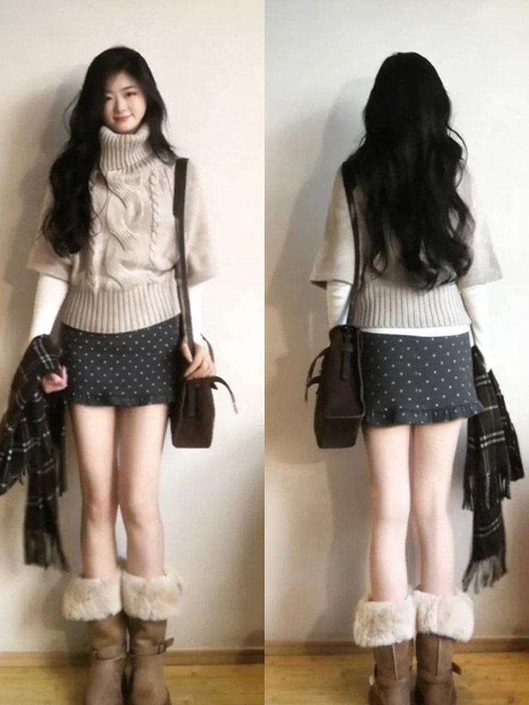 Women's Lace Polka Dot Ruffle Skirt - Spring 2026 Miu-Style Woolen A-Line Short Skirt