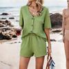 Fashion Women's New Cotton And Linen Casual V-neck Single Breasted Loose Shorts Set