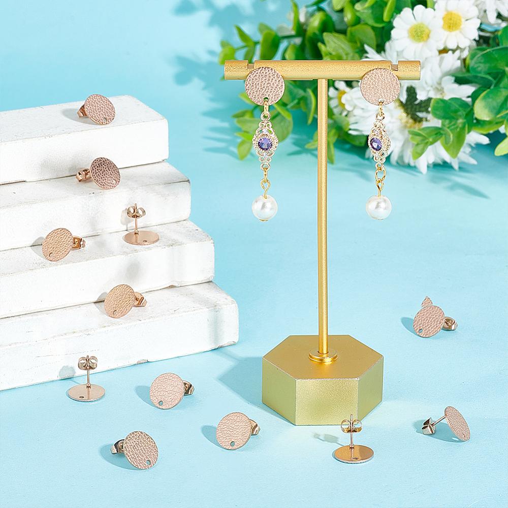 30Pcs Ion Plating(IP) 304 Stainless Steel Ear Stud Findings with Ear Nuts/Earring Backs and Hole Textured Flat Round with Spot Lines Rose Gold 12mm