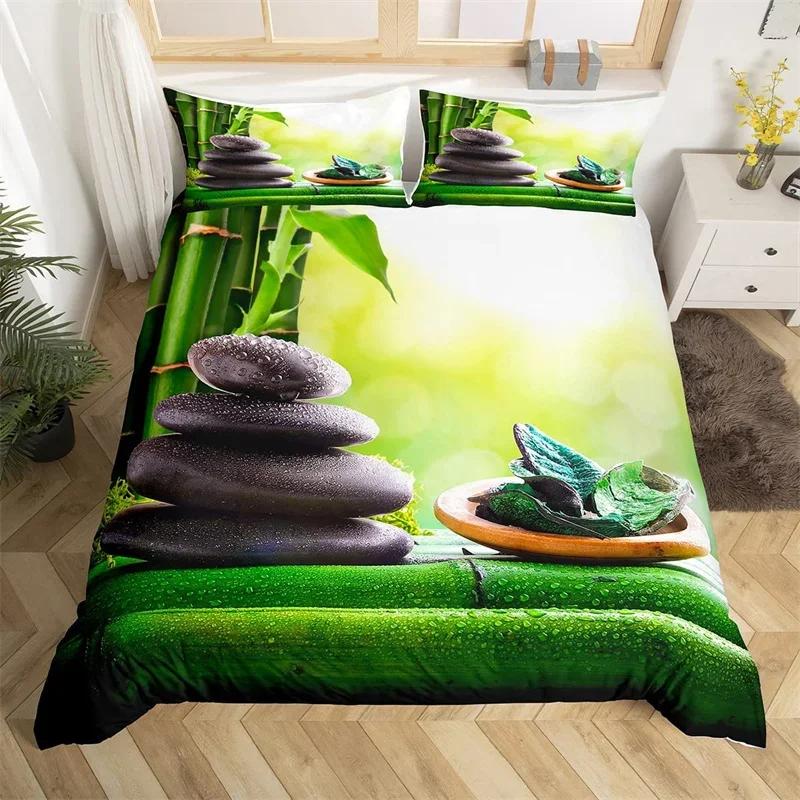 Zen Stones Duvet Cover Bamboo Phalaenopsis Bedding Set Meditation Quilt Cover Microfiber Tranquil Nature Artwork Bedspread Cover
