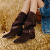 Retro mid top pointed boots  autumn/winter new solid color knight boots  mid heel pleated western cowboy boots