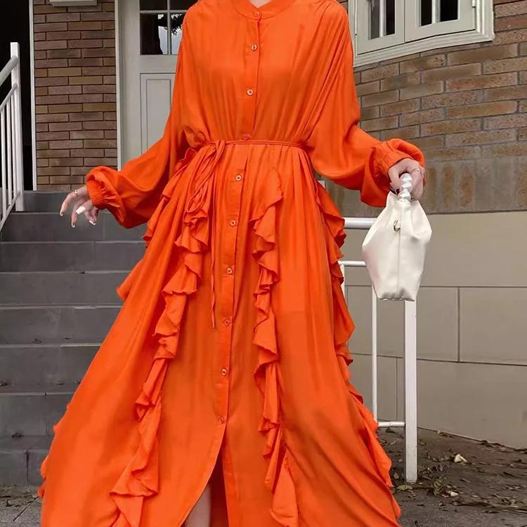 

Шикарные платья Весеннее французское элегантное платье с нерегулярными оборками Длинные рукава Длинная юбка Женские платья One Size