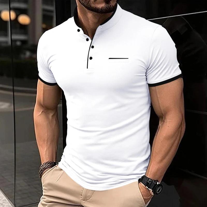 2026 Nouveau T-shirt Décontracté et Mode pour Homme, Couleur Unie, Manches Courtes, Col Montant, Haut Polyvalent et Confortable pour l'Été