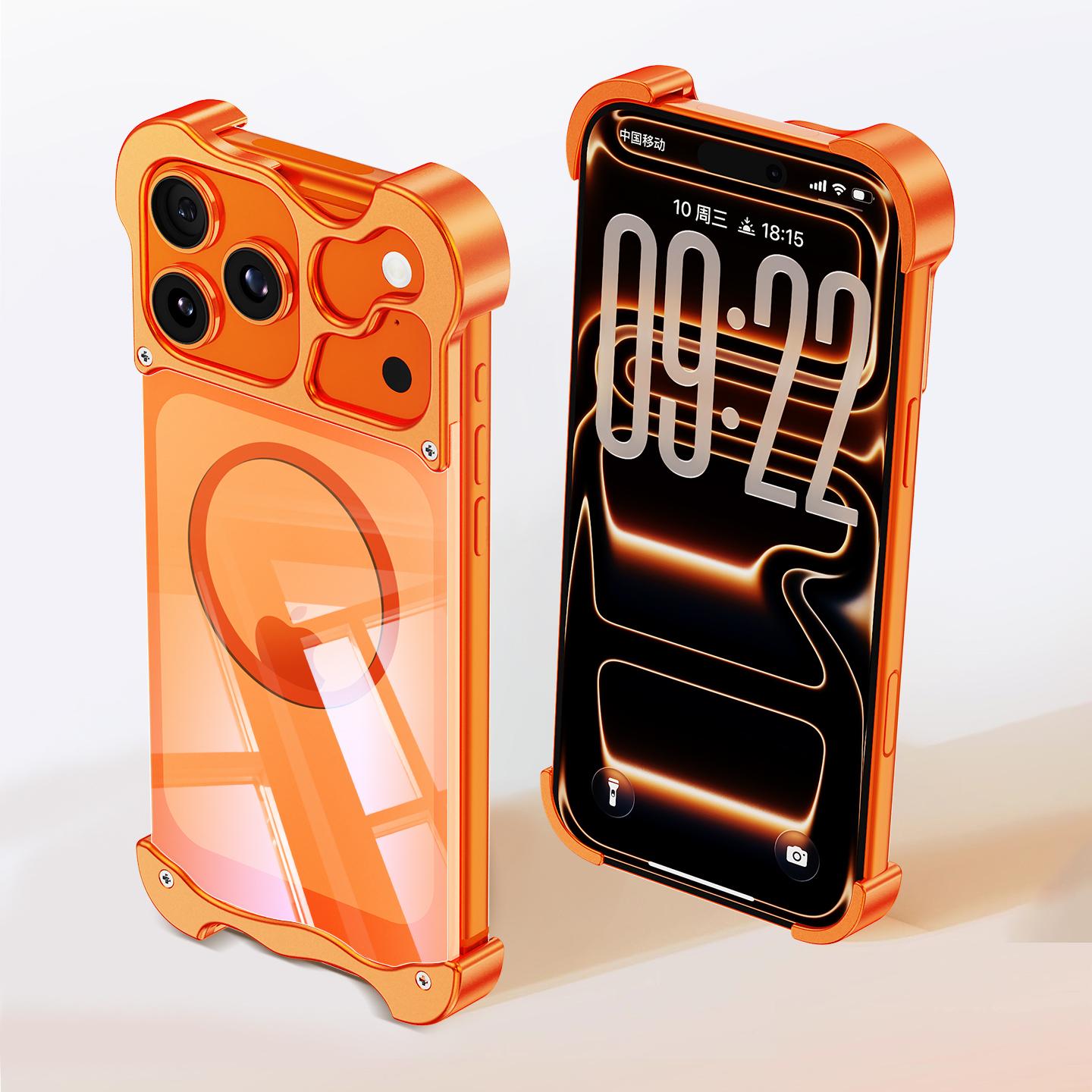 Frameless Magnetic Case For iPhone 17 Air 16 15 Pro Max Magnetic Cover Metal Corner Pad Protection PC HD transparent back panel arancione