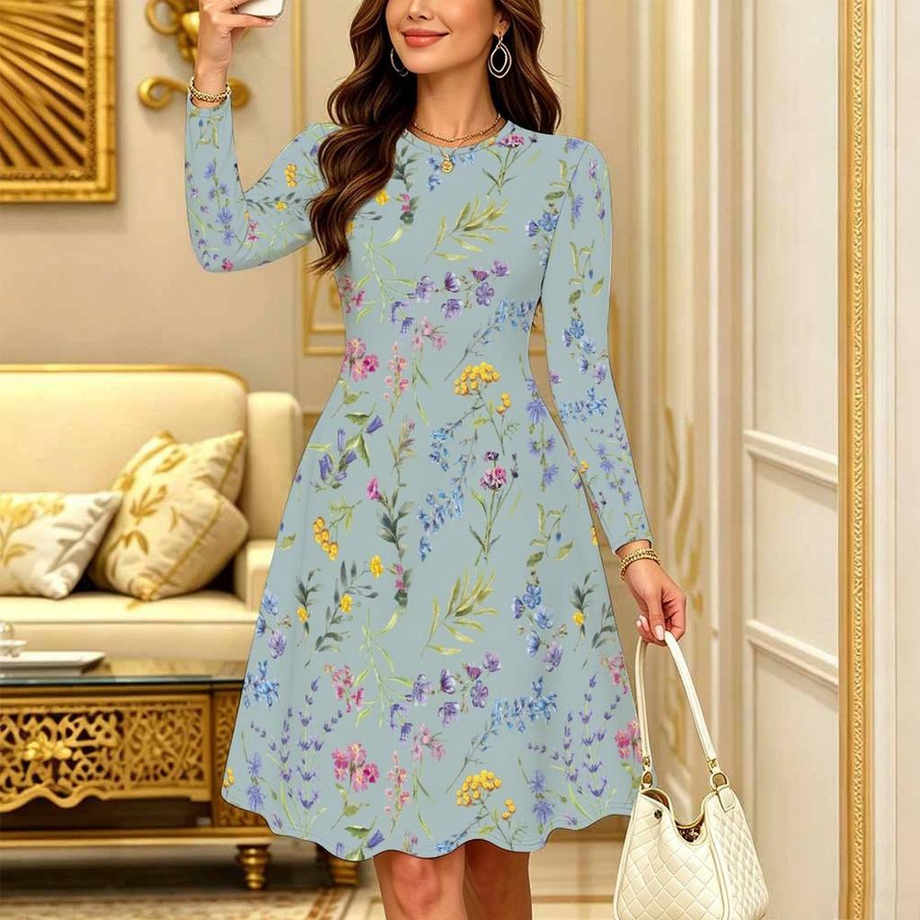 Women Long Sleeve Round Neck Midi Dress Abstract Ink Wash Daisy Floral Print Flared Casual Dress