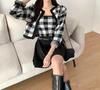 Korean Fashion Knit Long Sleeve Gingham Korean Short [KOREARU] Women's Sweater, Check, Camisole/Cardigan Set, Flattering, Stylish, Cute, Clothing,