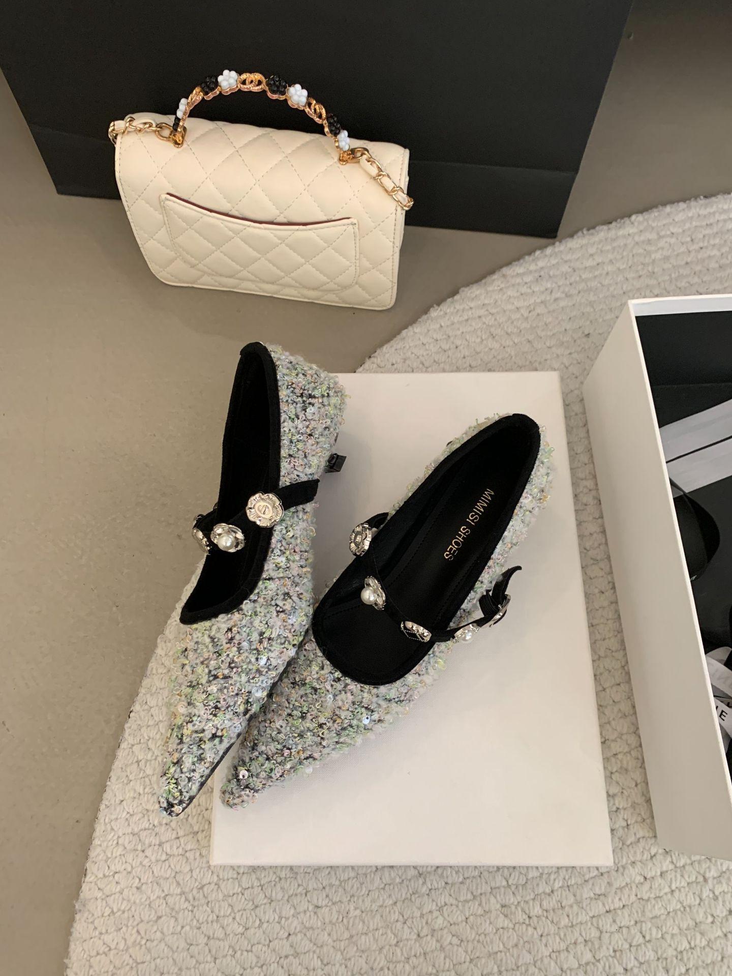 Women S Shoes Niche High Heels Pointed Toe Pearlbucklefairy Sequinedcloth Upper Elegant Pointed Toe Pumps 35 белый
