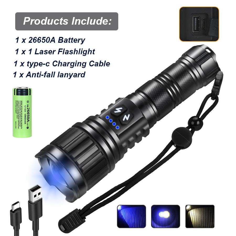 Newest White Laser Flashlight Use 26650 Battery Type-C Charging Zoom Tactical Torch Waterproof Camping Lantern with Power Displa