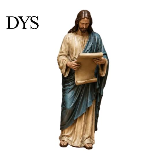 Sacred Figurine Gifts Jesus Reading Bookshelf Figure, Vintage Holy Christian Sculpture, Hand Painted Blessed Minimalist Art Resin Statue for